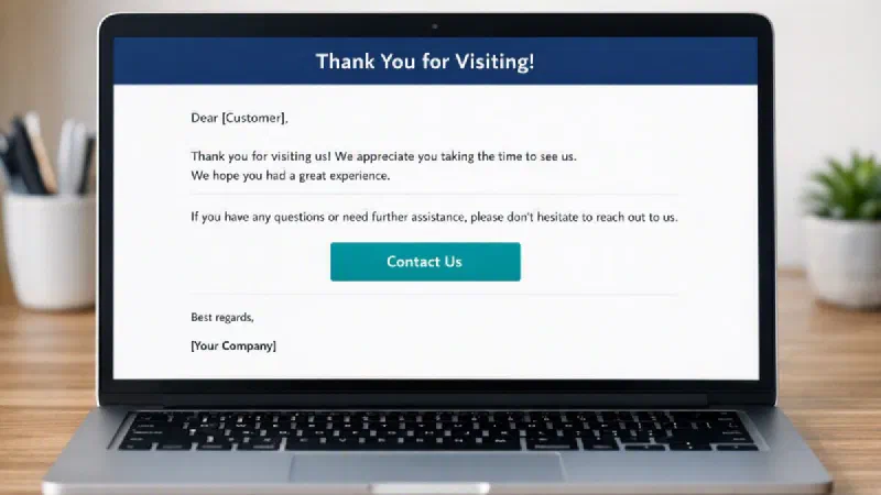 Laptop screen showing a simple automated post-visit follow-up email template with a navy header and teal CTA button