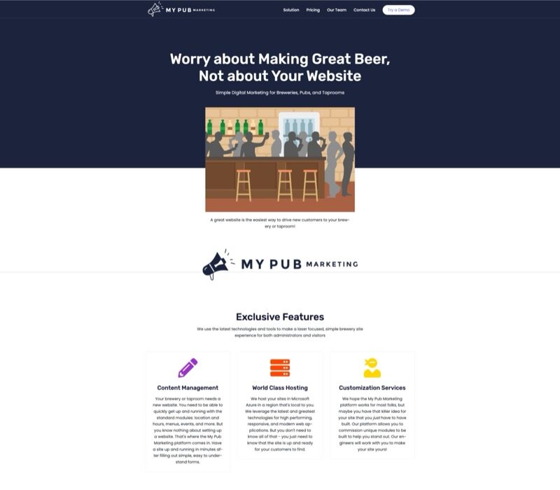 The original My Pub Marketing website in 2021, showing the brewery-focused platform with features like content management, hosting, and customization services