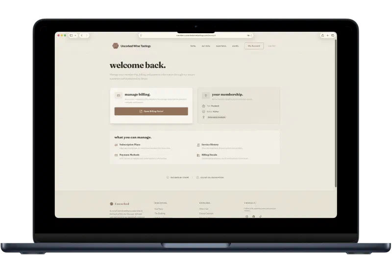Club web portal showing membership management and billing
