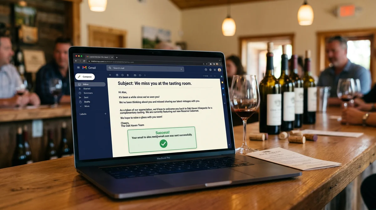 Laptop screen showing a Lapsed Member Win-Back email draft with the subject 'We miss you at the tasting room,' set against a blurred tasting room background