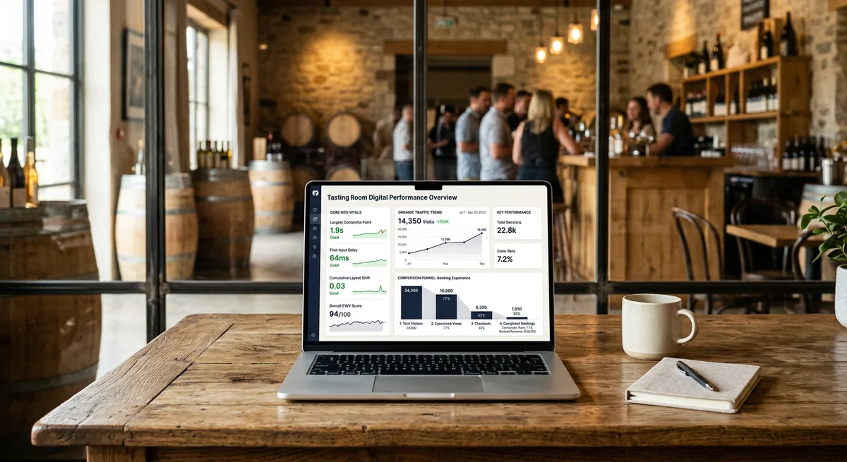 Laptop screen showing a website analytics dashboard with Core Web Vitals and conversion metrics in a hospitality setting
