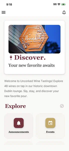 The Explore section of the Uncorked companion app showing the Announcements button where members can opt into push notifications