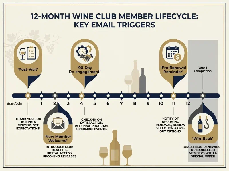 Wine club lifecycle timeline showing automation triggers across the member year